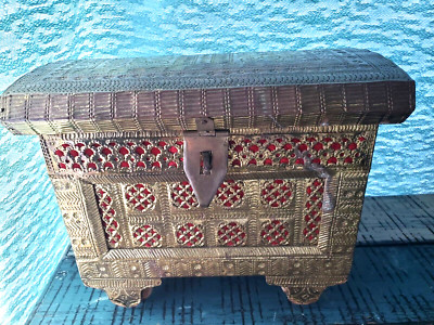 Vintage Handmade Wood  Brass Indian Damchiya Dowry Chest on Wheels Jewelry Box