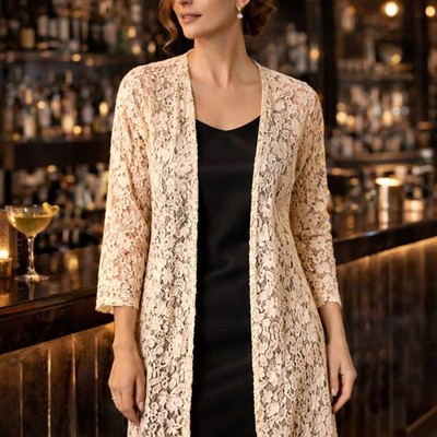 Mantel Spitzenjacke S M creme Longline vorne offen Abend Lagenlook Stück