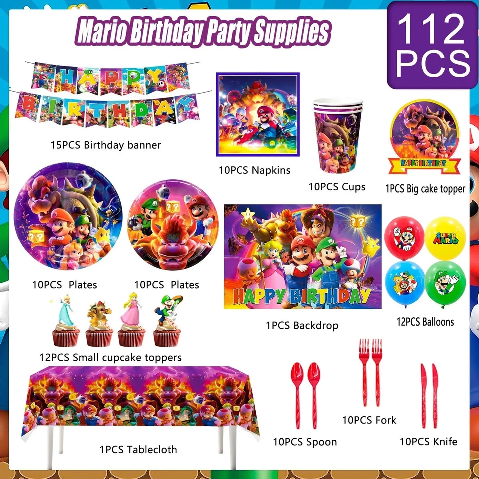 Super Mario Bros Game Party Decorations Mario Supplies Balloons Banner Plates - Image 3 of 4