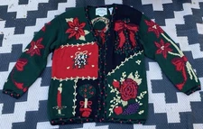 EAGLE’S EYE Hand Knit Fun Buttons & Graphic Cardigan Sweater Sz L 1995 P2p 21 EC