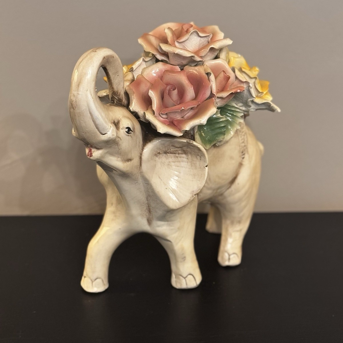 Vintage Marked Capodimonte Italy Porcelain Rose Elephant Figurine