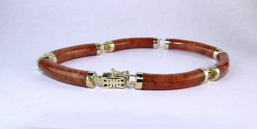 Red Jade Bracelet Vintage 14K Gold 7" Chain Signed JK - Picture 3 of 5