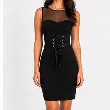 Guess Womens Dress Black Size XS Mesh Corset Lace-Up Bodycon Cocktail Midi Party