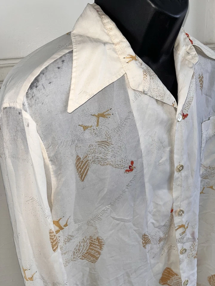 ВИНТАЖНЫЙ 70-х шпиль диско L/S рубашка слоновой кости полупрозрачный поли AOP курица 🐓 Sz большой - Изображение 2 из 4