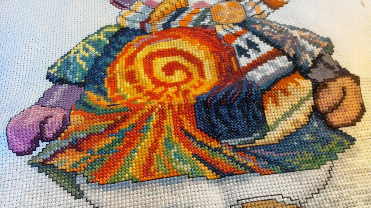 COMPLETED FINISHED CROSS STITCH "TIE DYED SNOWMAN” Vickey Macky design