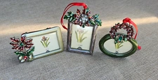 Set of 3 Mini Enamel Rhinestone Picture Frame Christmas Ornaments Oval Rectangle