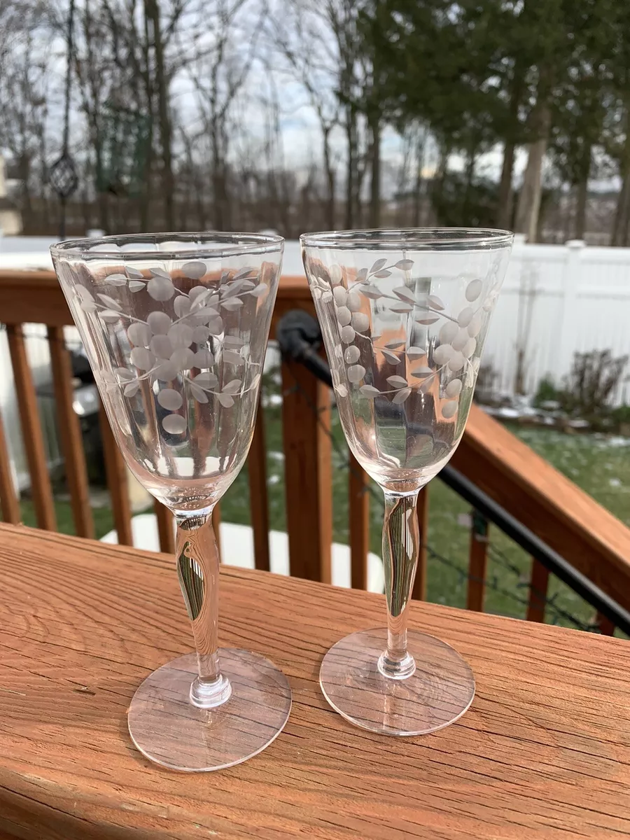 2 Vintage Clear Crystal Floral Etched Cordial Wine Glasses