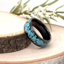 Blue Crushed Turquoise Inlay Unisex Ring 8MM Black Tungsten Anniversary Ring