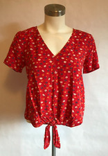 Madewell Red Floral V-Neck Short Sleeve Shirt W/ Tie at Waist, Size XXS