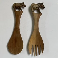 Wood Salad Serving Set Fork Spoon Giraffe Handles Vintage Home Kitchen