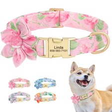 Fancy Girl Dog Collar w/ Flower Personalised Pet Name ID Tag Engraved Adjustable