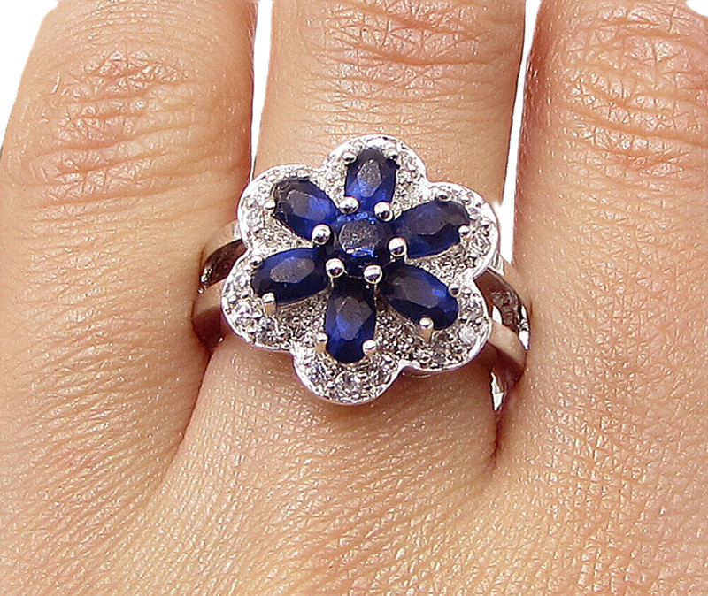925 Silver  Blue Topaz & White Cubic Zirconia Floral Cocktail Ring Sz 7  RG3437