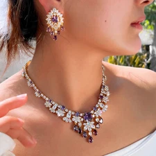 Gold Plated Purple Zircon Flower Chandelier Earring Necklace Wedding Jewelry Set