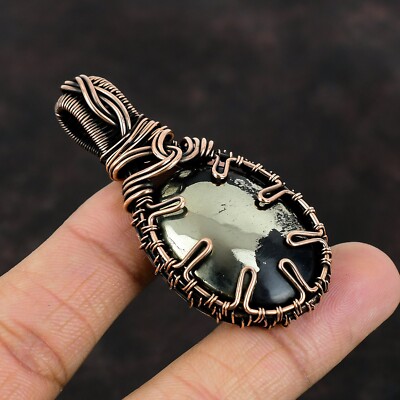 Pyrite Gemstone Wire Wrapped Pendant Handcrafted Copper Ethnic Jewelry 2.56''