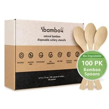Ibambo 100% Bamboo Spoons - 100 Compostable Spoons, Disposable or Reusable