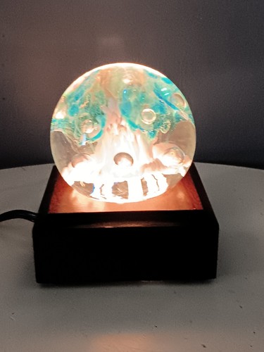 VTG Joe Rice Art Glass Paperweight W/ Wood Lighted Stand Blue White Flowers 1998 - Picture 6 of 18