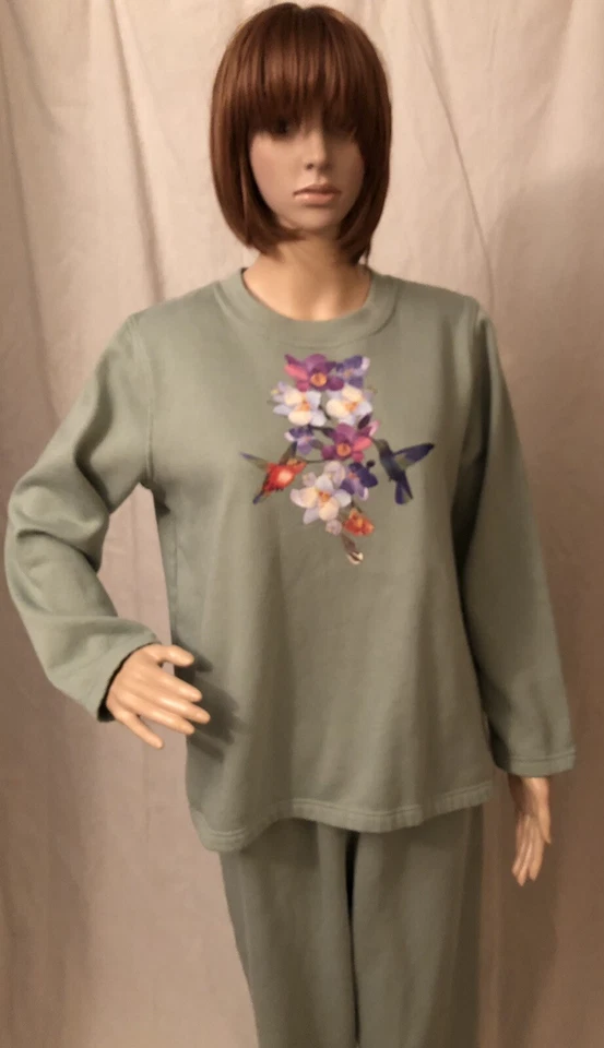 Camisa de moletom e calça de moletom vintage década de 1990 beija-flores verde sálvia malha grande - Imagem 2 de 4