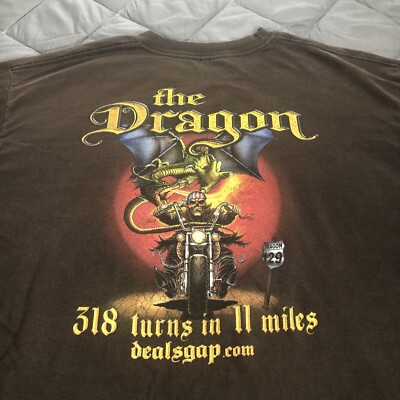 Deals Gap The Dragon 318 Curves in 11 Miles Mens Brown XL Biker T-Shirt Skeleton