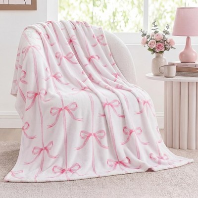 50x60 Inch Pink Bow Throw Blanket Coquette Preppy Aesthetic Room Decor