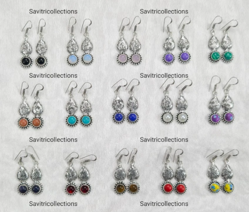 Lote de brincos por atacado de pedras preciosas MIx folheados a prata feitos à mão boho joias a granel - Imagem 2 de 4