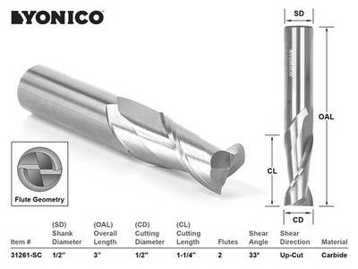 1/2'' Dia. Upcut Spiral End Mill CNC Router Bit - 1/2'' Shank - Yonico 31261-SC
