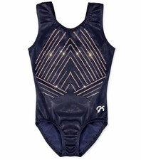 GK Elite CM Navy Rhinestone Leotard Gold Medal Back Gymnastics Sparkle