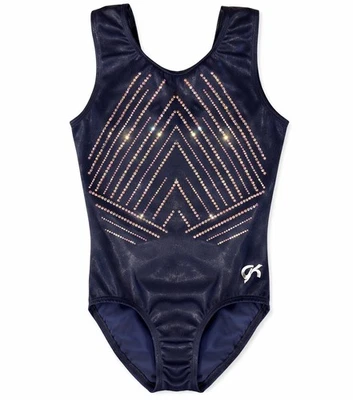GK Elite CM Navy Rhinestone Leotard Gold Medal Back Gymnastics Sparkle - Image 1 of 4