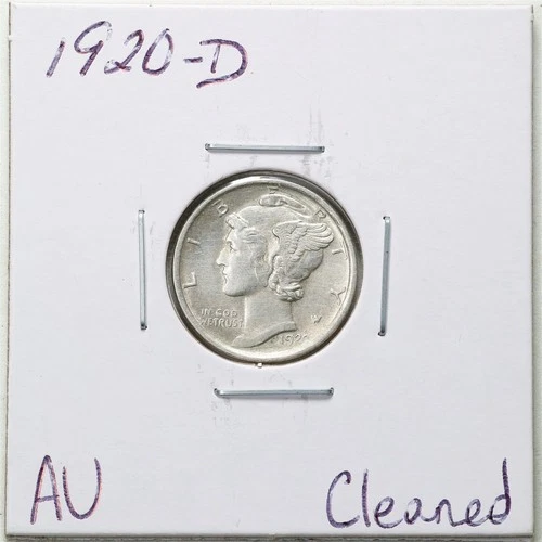 1920-D 10C Mercury Winged Liberty Silver Dime with AU Detail #6230