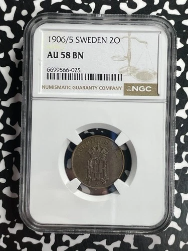 1906/5 Sweden 2 Ore NGC AU58BN Lot#G838 Scarce! Overdate Variety