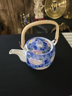 Japanese Teapot Blue flowers with Plastic wicker look handle