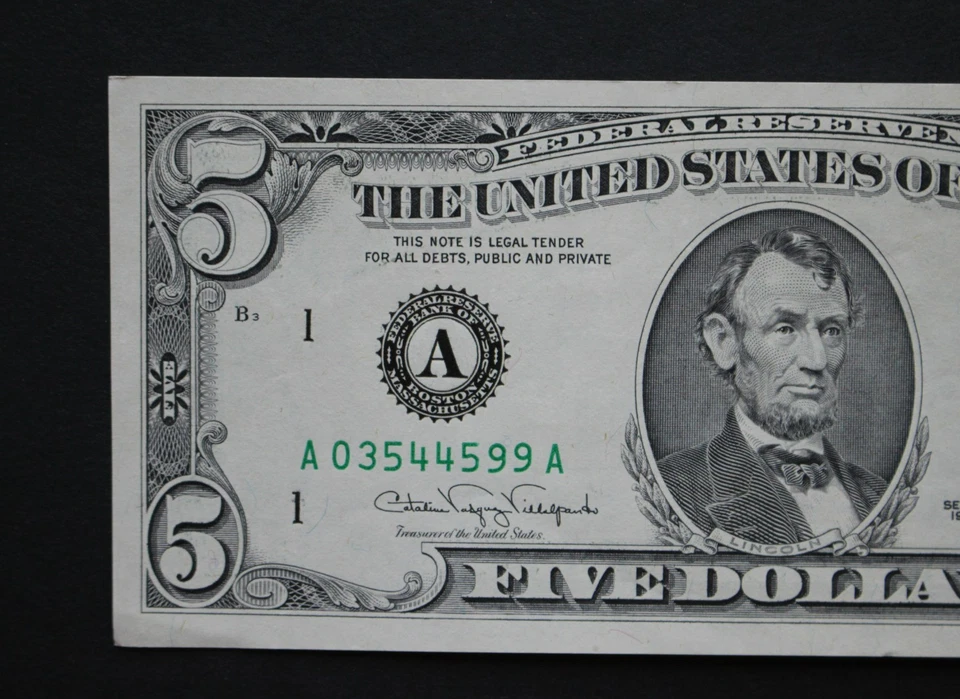1988 A $5 Boston Federal Reserve Note/F-1980A/uncirculated/FREE SHIPPING! - Image 2 of 4