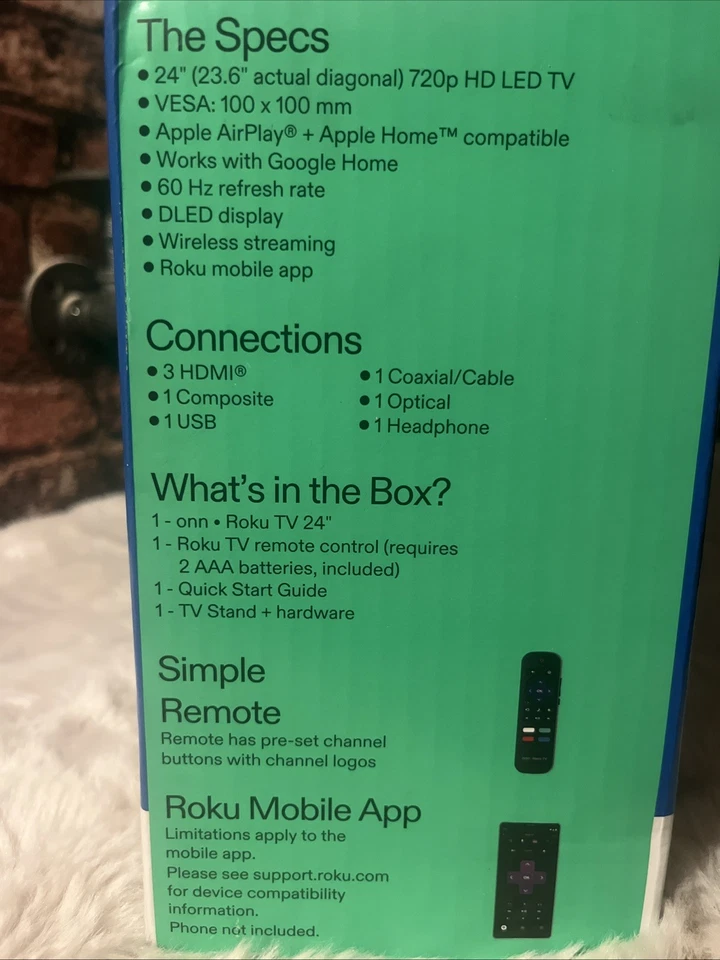 Onn 100012590 24 Inch 720p (HD) LED Smart TV Apple/Google Home /roku Comptbe NIB - Image 4 of 4