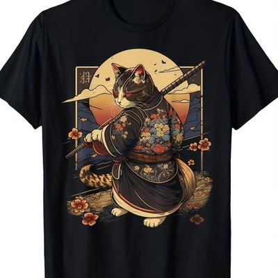 Black Cat Samurai Graphic T-Shirt Japanese Anime Style Streetwear Tee