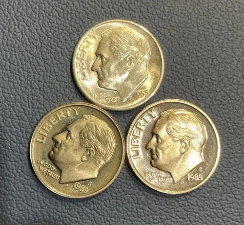 1955 S Roosevelt SILVER (1) Dime GEM BU + 2 CLAD ALLOY Proof DeepCameo Dimes