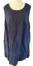FLAX 100% Linen Women's M (10-14) Navy Blue Shift Dress Pleated Hem Lagenlook