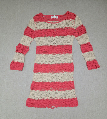 FLYING TOMATO~ Open Crochet Dress Medium Beachy Coral Beige Boho Striped C-Thru