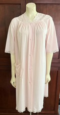 VTG Shadowline Sz P Nylon House Coat Robe Pockets Nylon Lace EMB Roses Pink USA