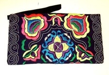 Black Canvas Multicolor Floral Embroidered Design Zipped Pencil Case NEW C 