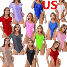 US Women's One Piece Thong Swimsuit Scoop Neck Solid Color Glossy Bodysuits