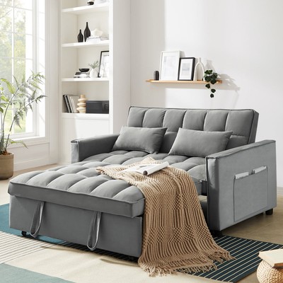 3 in 1 Convertible Pull Out Sofa Bed, 55'' Velvet Sleeper Loveseat, Gray