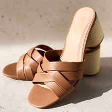 NEW Multi Crisscross Straps Natural Raffia Oval Block Heel Slip On Slide Sandals