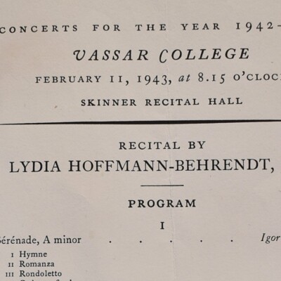 1943 Lydia Hoffmann Behrendt Piano Concert Program Skinner Hall Vassar College