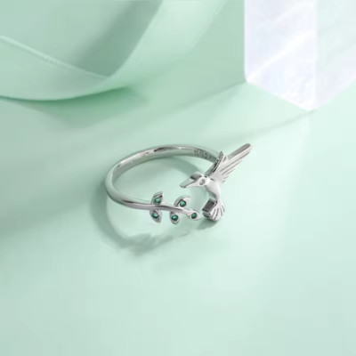 Ring Vogel Grüner Zirkonia Anpassbar für alle Größen Sterling Silber 925 