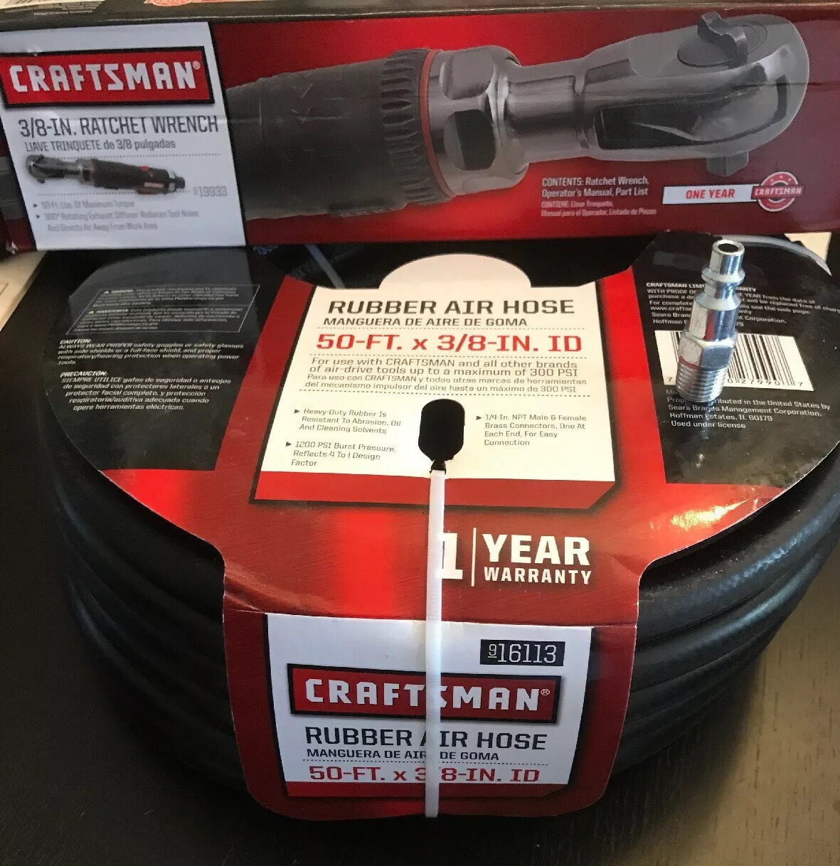 Craftsman 3/8 Drive Heavy Duty Air Ratchet Wrench w Adapter &  50&rsquo; Air Hose!