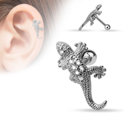 Piercing Acier Inox Tragus/hélice - Motif Gecko Lézard Zircon - Argenté 16g - Neuf