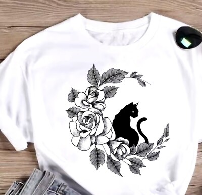  Damen T-Shirt Oberteil Rundhals Katzen Motiv Kurzarm weiss Gr. 44 Neu