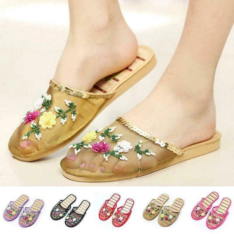 Dama Chino Malla Floral Zapatillas Deslizables Planas Chanclas Mocasines Mules Foto 2 de 4