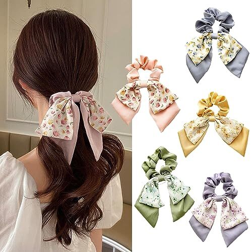 5 Pcs Floral Hair Scarf Scrunchies with Bowknot Hair Ribbons and Elastic Headbands