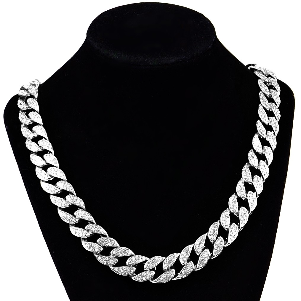 Men's Cuban Link Chain Silver Tone Iced Flooded Out Necklace