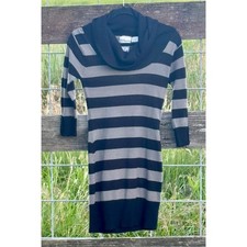 Red Paint Womens Striped Cowl Neck Sweater Dress Black Grey 3/4 Sleeve Size M